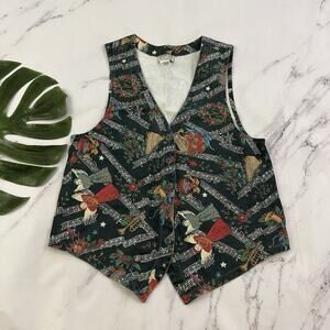 Stampede Womens Vintage 90s Denim Christmas Holiday Vest Size S Green Music Note